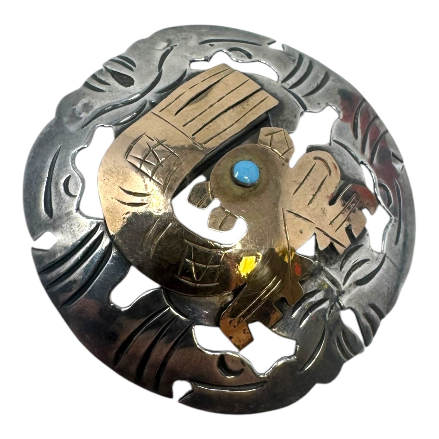 18K Gold & Sterling Silver Peruvian Incan Mayan Brooch Pin/Pendant